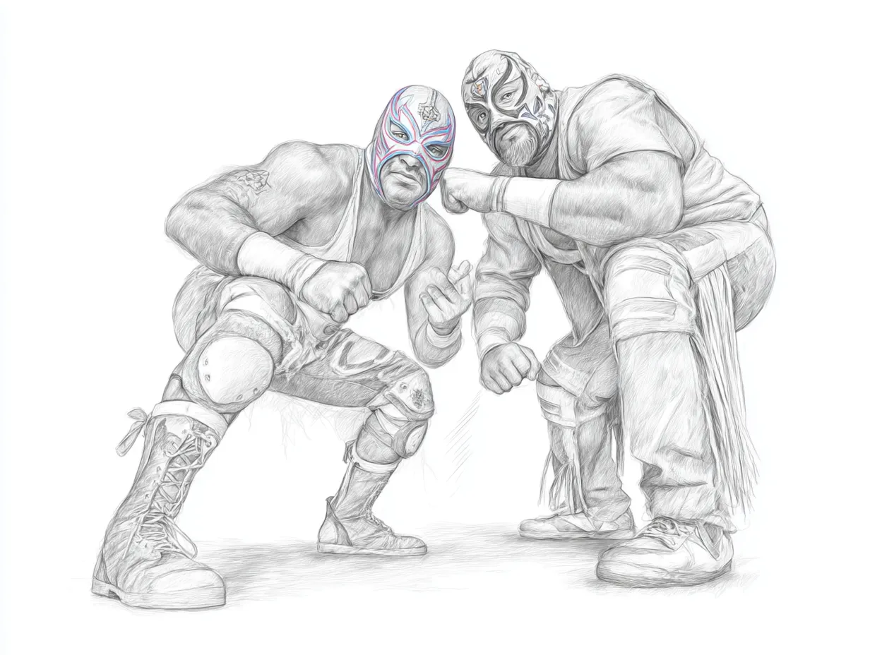 リアル鉛筆スケッチのプロレスラー二人組（構え）｜躍動感あるポーズと個性的なコスチュームが描き込まれ、リアル鉛筆スケッチの質感がユニークさと戦いの緊張感を同時に伝えます。
