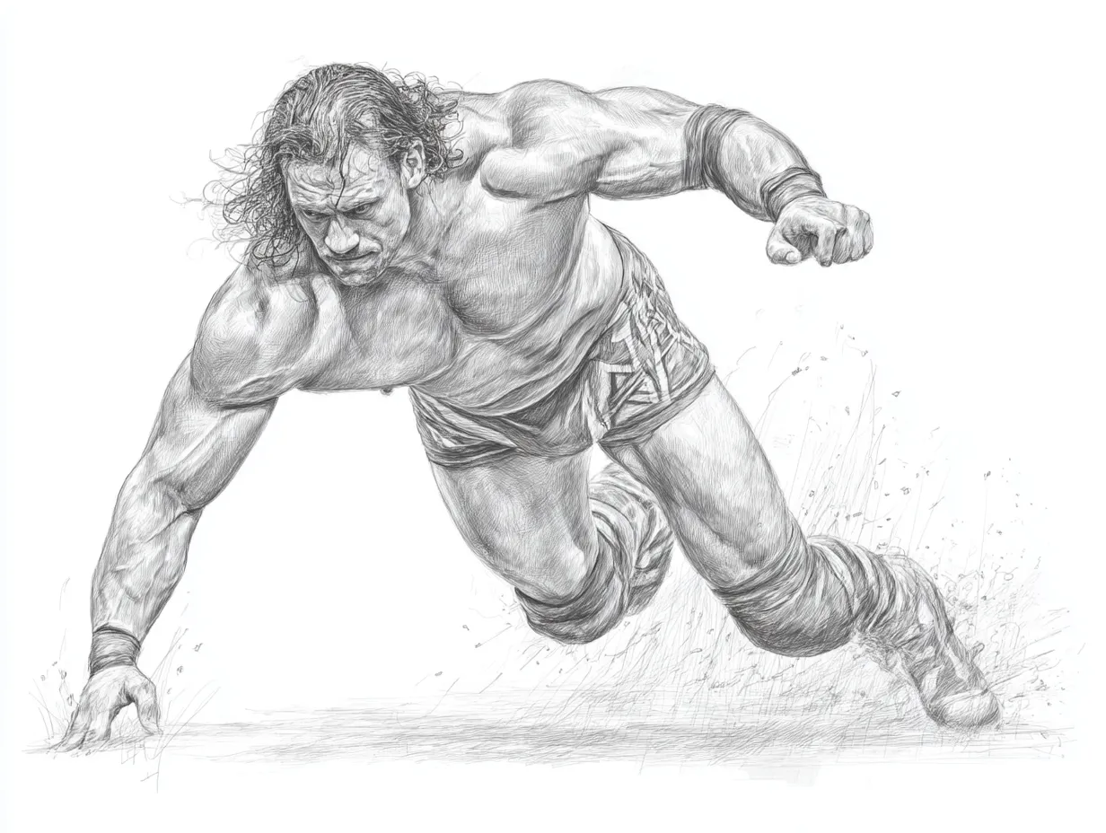 リアル鉛筆スケッチのプロレスラー（突進）｜筋肉の隆起や勢いある動きが迫力満点に表現され、リアル鉛筆スケッチの質感が戦士のような存在感と臨場感を強く引き出しています。
