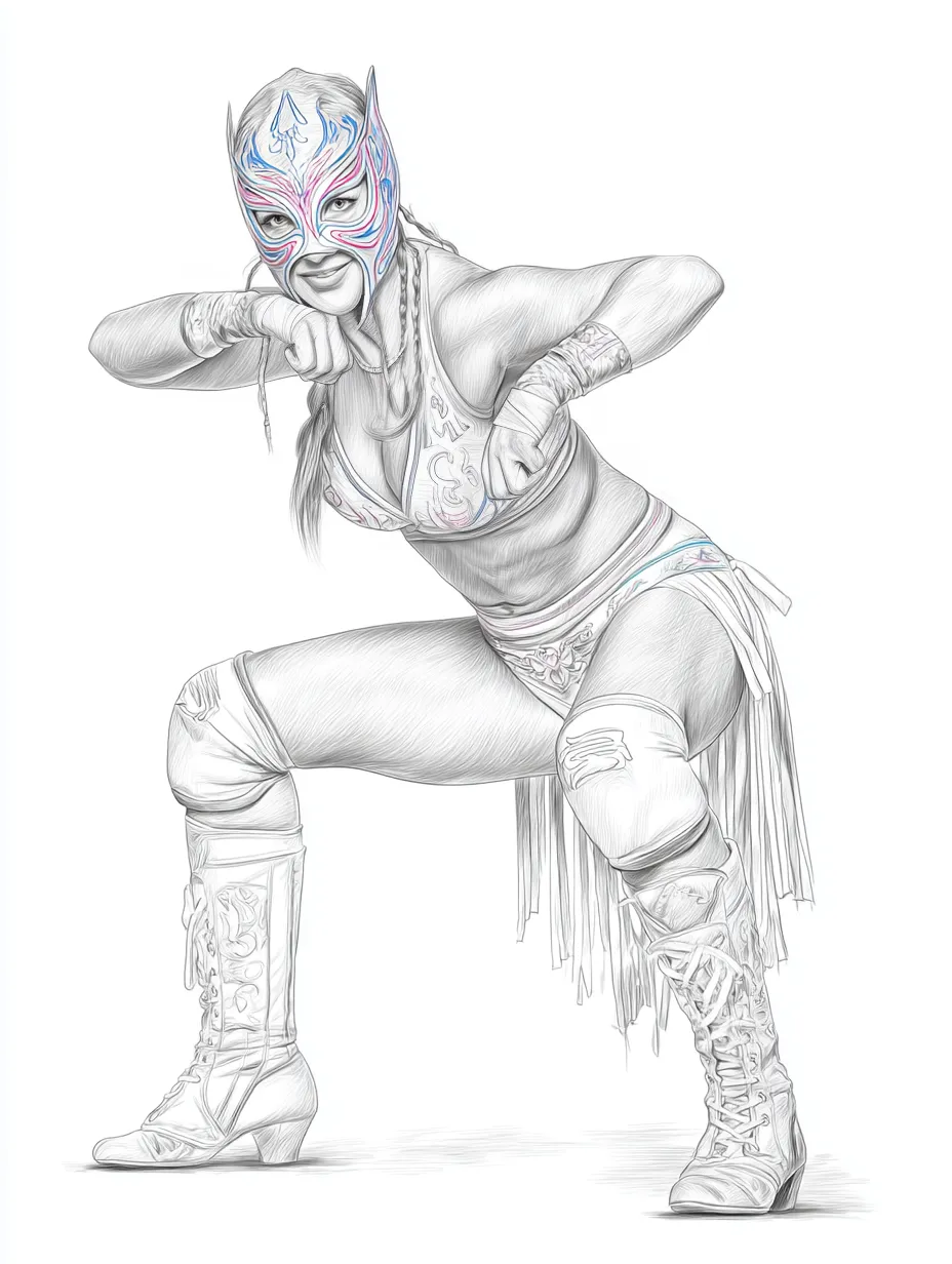 リアル鉛筆スケッチの女子プロレスラー（構え）｜細部まで描き込まれた衣装と構えが印象的で、リアル鉛筆スケッチならではの繊細な筆致が女性らしさと強さを同時に際立たせています。