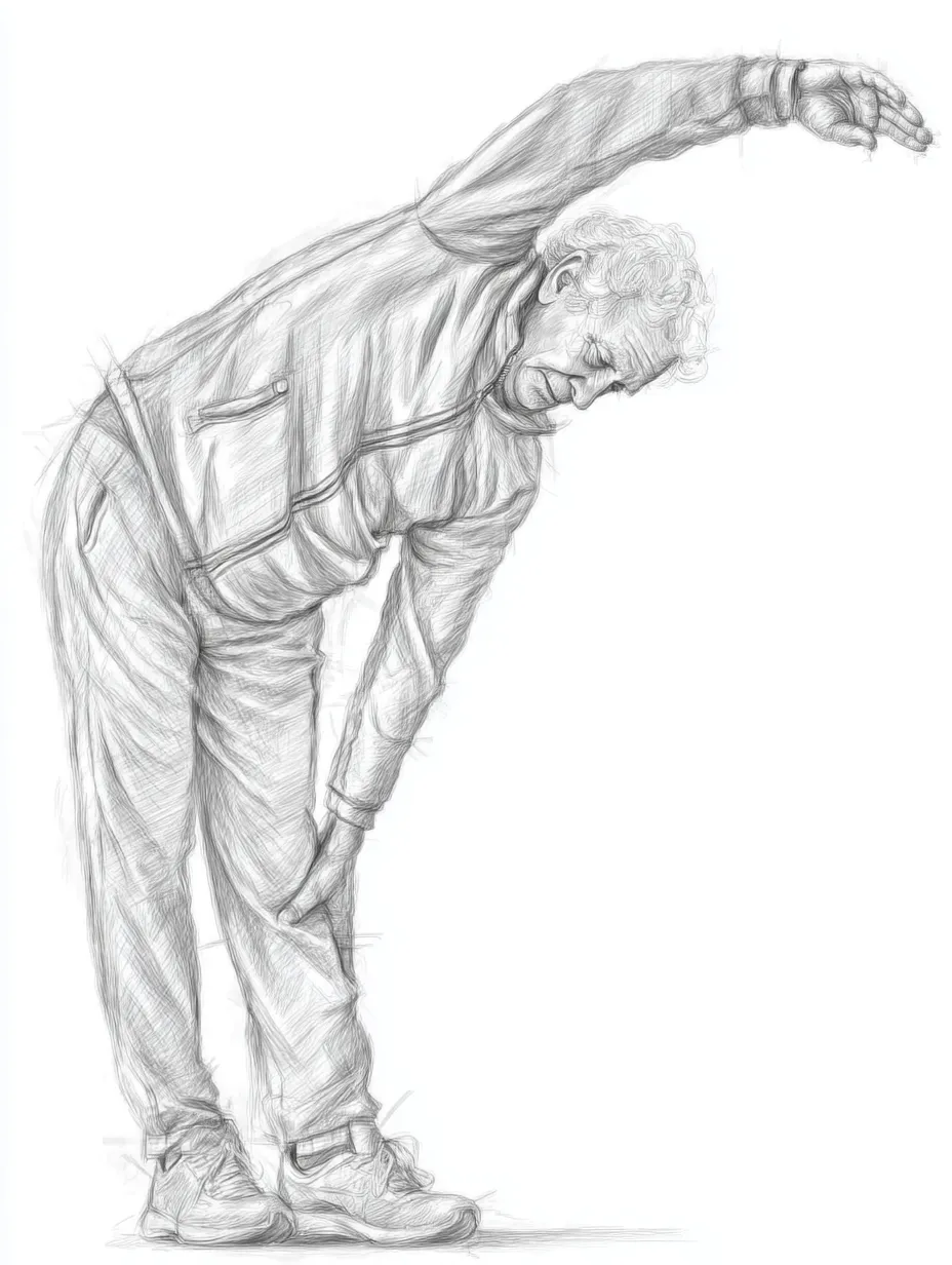 リアル鉛筆スケッチの高齢者体操（側屈）｜緩やかなカーブを描く姿勢と穏やかな表情が特徴的で、リアル鉛筆スケッチのやさしい線が健康的な動きと安心感を静かに伝えてくれます。
