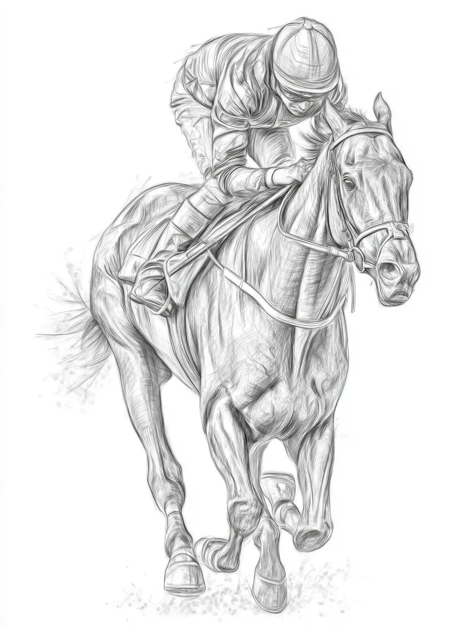リアル鉛筆スケッチの競走馬正面走行｜正面から迫る競走馬と騎手を描いたリアル鉛筆スケッチ。力強い脚さばきと流れるタッチが、スピード感と迫力をリアルに伝えます。