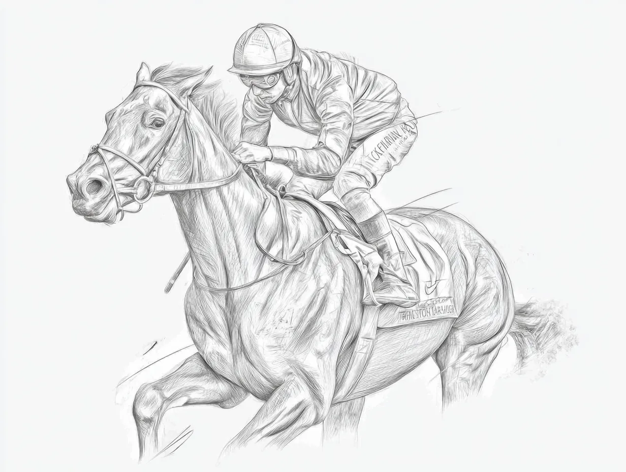リアル鉛筆スケッチの競走馬斜め疾走｜斜め前方から描かれた競走馬の躍動感が際立つリアル鉛筆スケッチ。馬体の筋肉や騎手の姿勢にスピードと緊張感が凝縮されています。