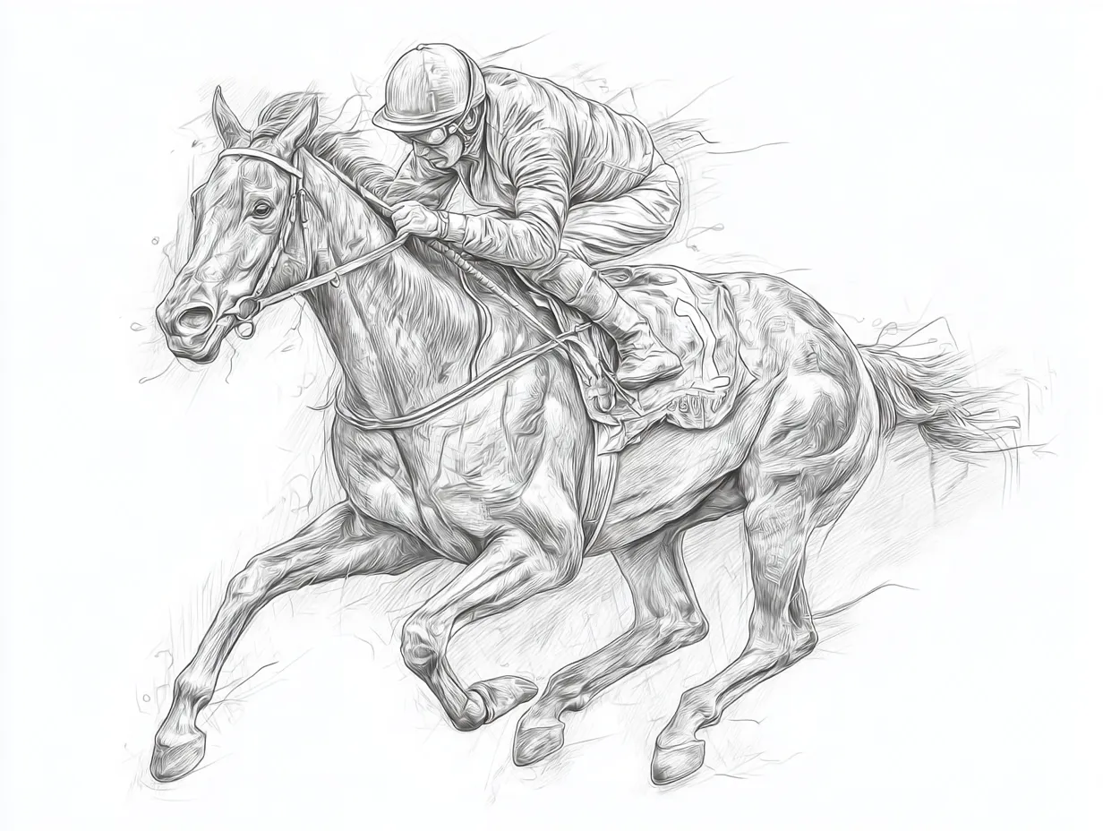 リアル鉛筆スケッチの競馬レース瞬間｜曲がりながら突き進む競走馬の動勢を描いたリアル鉛筆スケッチ。流れる毛並みと騎手の重心が生み出す躍動美が画面全体にあふれます。