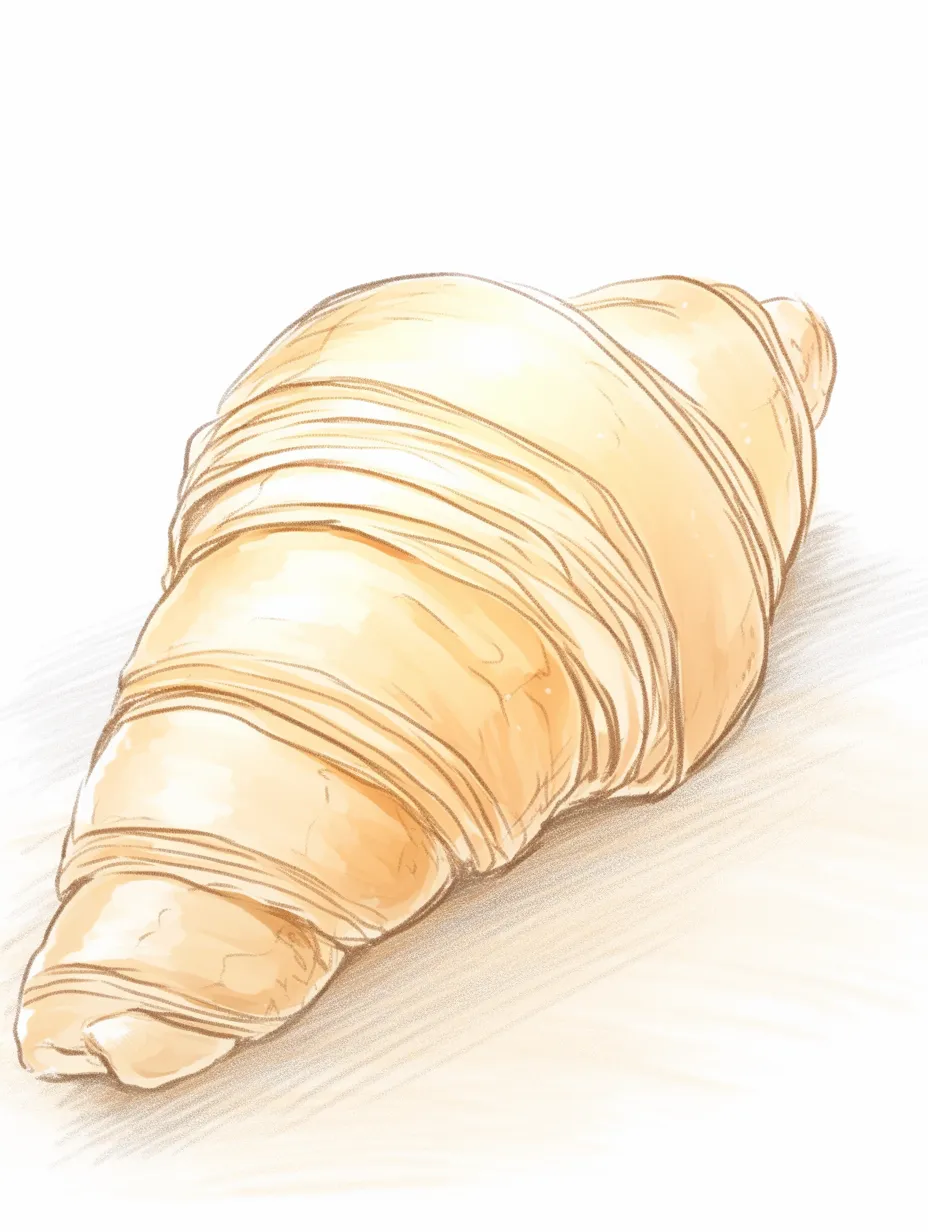 手書きラフ色鉛筆のクロワッサン｜折り重なる層の描写が繊細で、焼き色のグラデーションが香ばしさを感じさせるクロワッサン。手書きラフ色鉛筆のタッチが空気を含んだような軽やかさを再現し、朝の静かな食卓を思い起こさせる優しい一枚です。