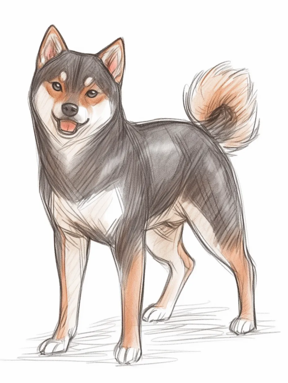 手書きラフ色鉛筆の黒柴犬｜くっきりとした黒毛と穏やかな表情が印象的な黒柴犬を、手書きラフ色鉛筆の独特な線画で表現。淡く重ねた色が陰影に深みを与え、存在感を引き立てています。