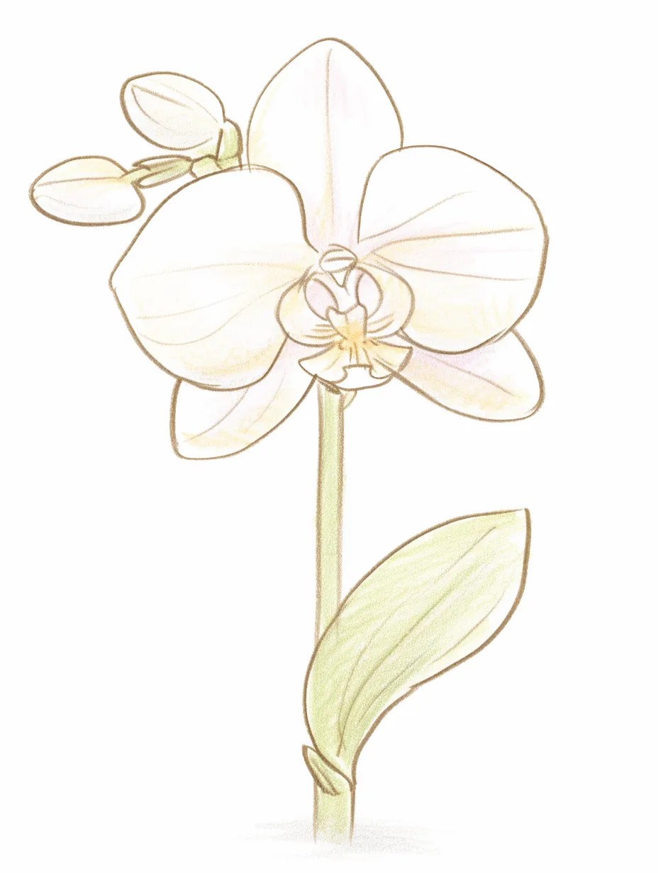 手書きラフ色鉛筆の胡蝶蘭｜大きく広がる花弁の滑らかさを丁寧に描き、手書きラフ色鉛筆の柔らかいラインが胡蝶蘭の気品と美しさを清らかに表現しています。