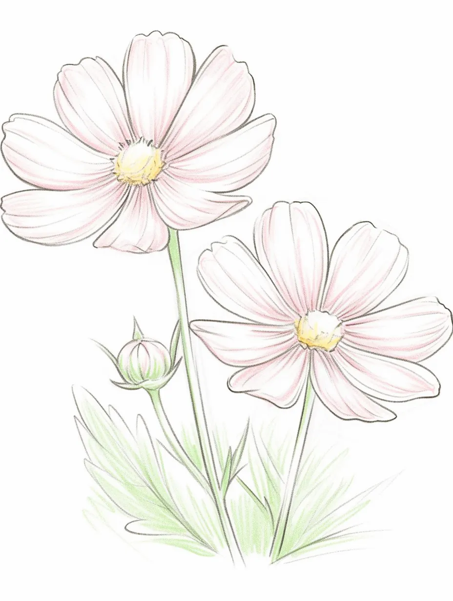 手書きラフ色鉛筆のコスモス｜可憐に風に揺れる花姿が印象的で、手書きラフ色鉛筆の淡いピンクと細い線が秋空の下の優しさや儚さを表現した、穏やかな雰囲気の一枚です。