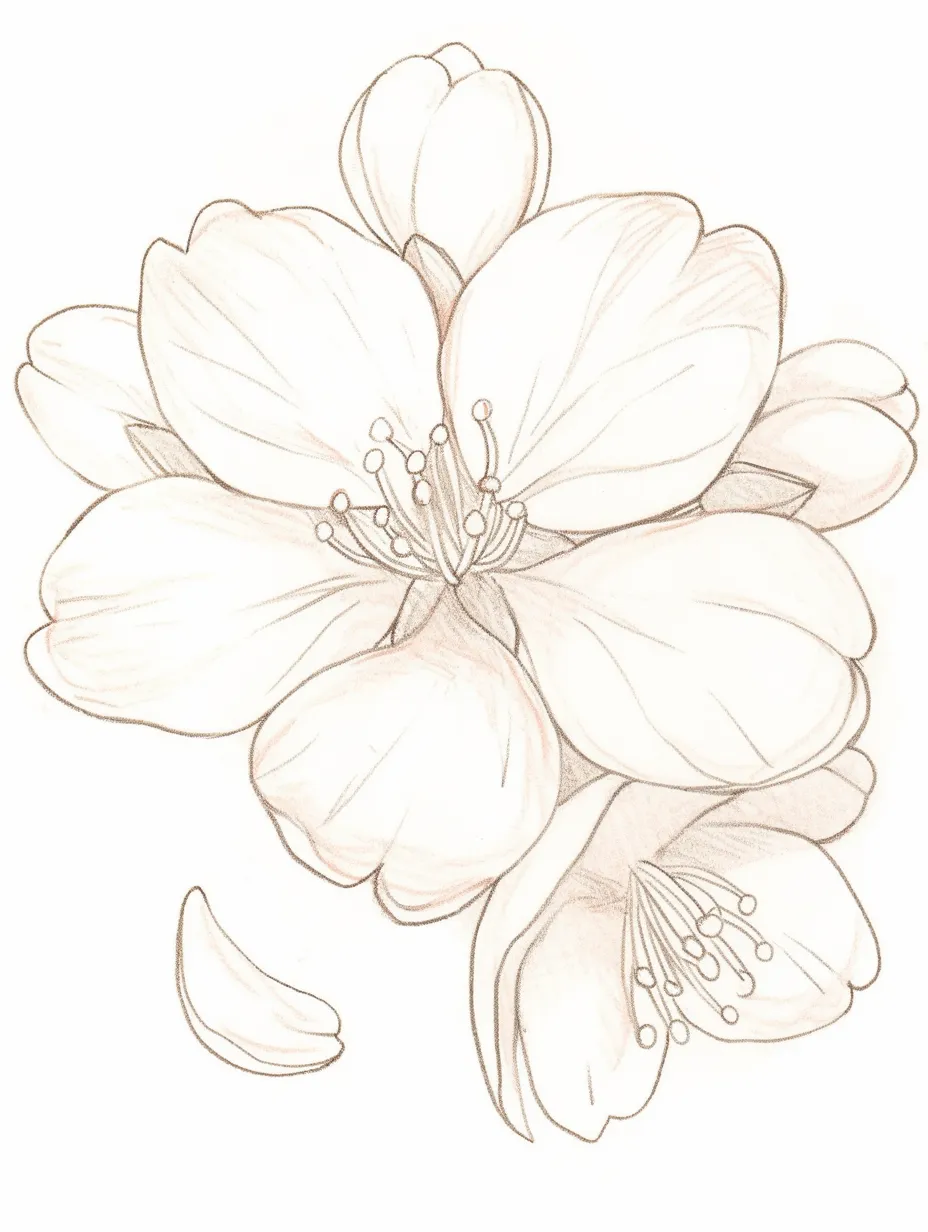 手書きラフ色鉛筆の桜の花びら（束）｜繊細に重なる花びらの一つひとつが立体的で、手書きラフ色鉛筆の丁寧な筆致により春の柔らかな空気と花の存在感がやさしく浮かび上がります。