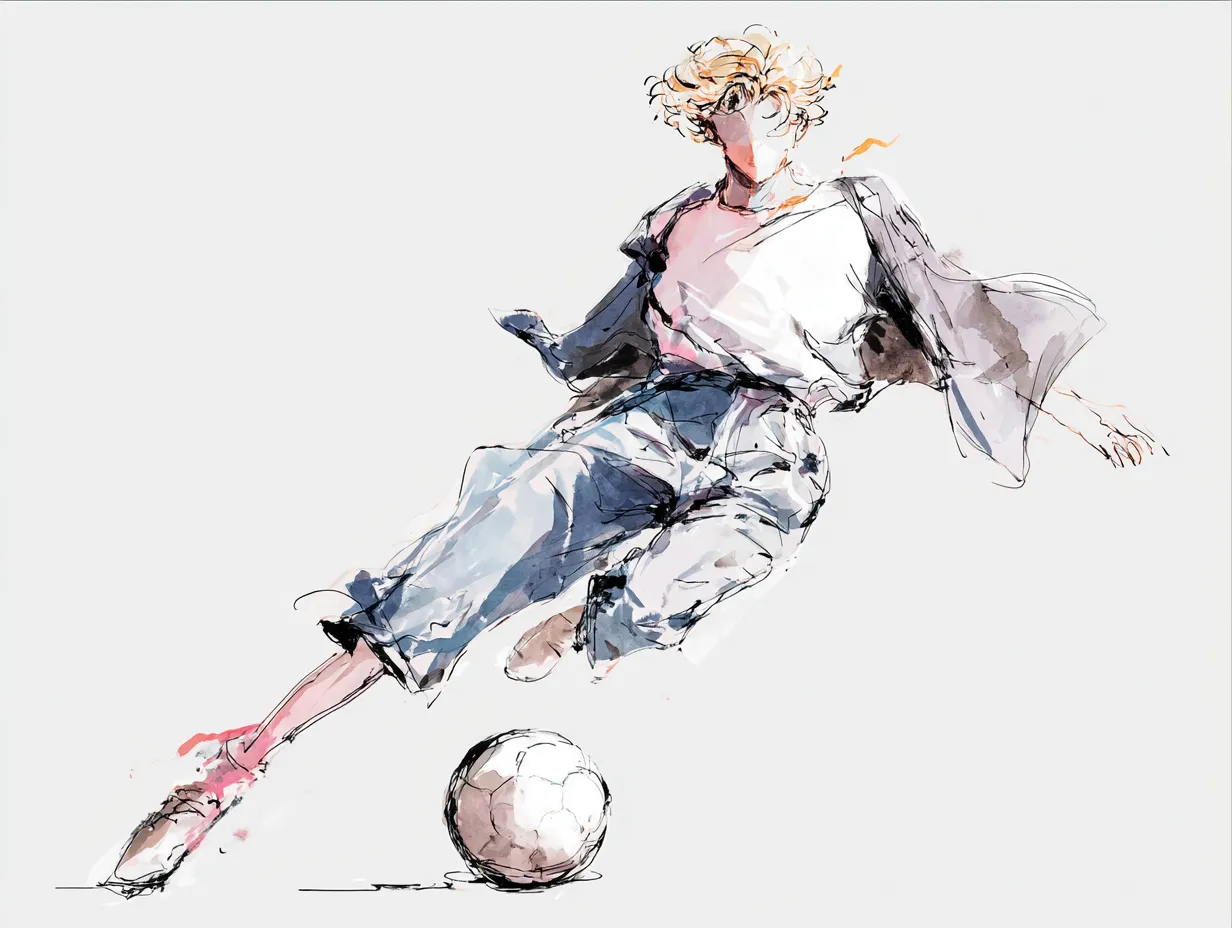 ラフな水彩インクのサッカー｜軽やかなタッチで描かれたラフな水彩インクのサッカーシーン。無造作な線とにじみが動きのスピード感を際立たせ、柔らかな色合いが人物の存在をやさしく浮かび上がらせています。