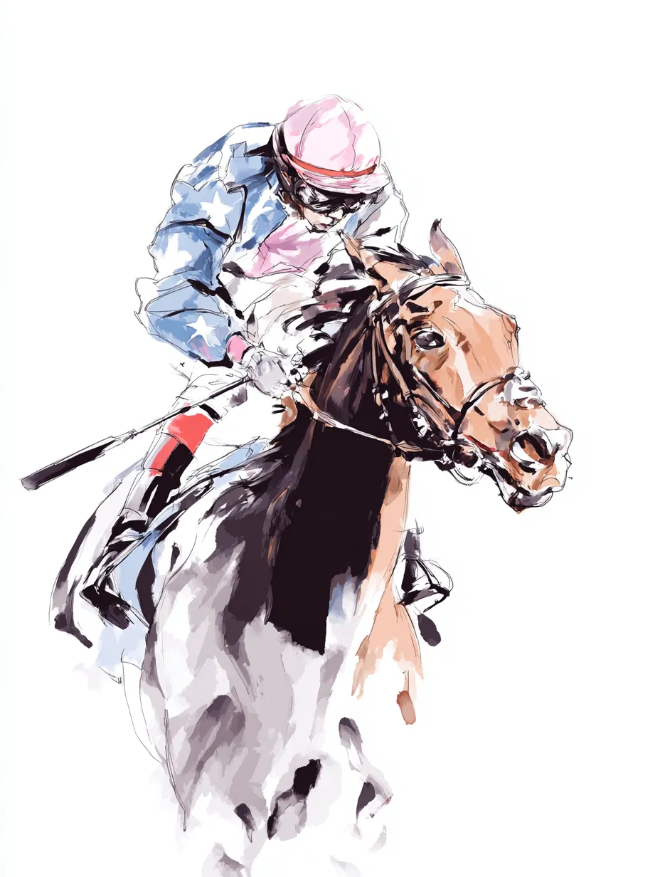 ラフな水彩インクの競馬騎手と馬｜力強く前方へと駆ける馬と騎手の躍動感を描いた構図。ラフな水彩インクの大胆な筆致がスピード感を生み、熱気を感じさせる仕上がりです。