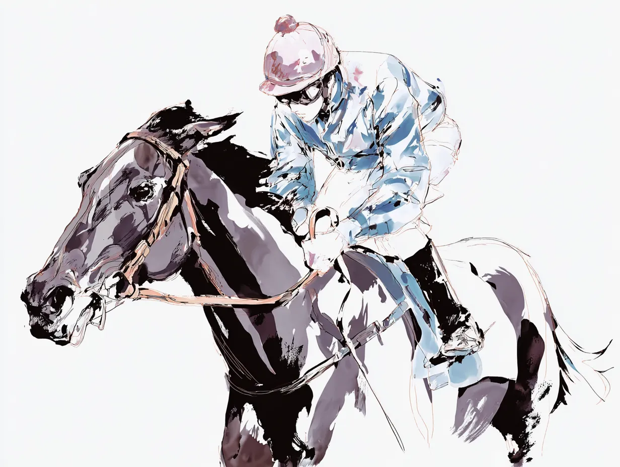 ラフな水彩インクの疾走する競馬｜レース中の緊張感と勢いを真正面から捉えた構図。ラフな水彩インクのコントラストがダイナミズムを際立たせ、迫力ある画面に仕上がっています。