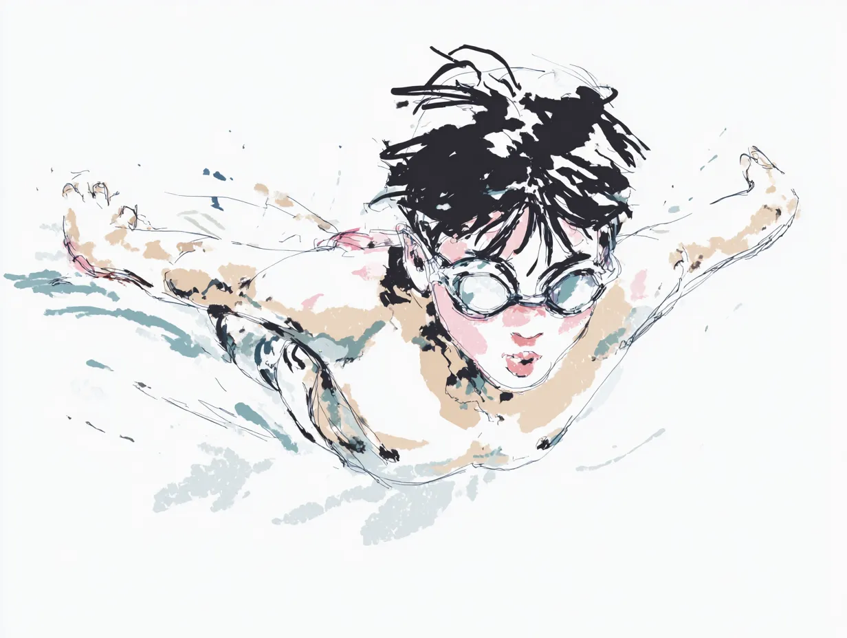 ラフな水彩インクのバタフライ選手｜真正面から迫る構図で力強さが際立つ表現。ラフな水彩インクのにじみが水しぶきと一体化し、迫力とスピード感を演出しています。