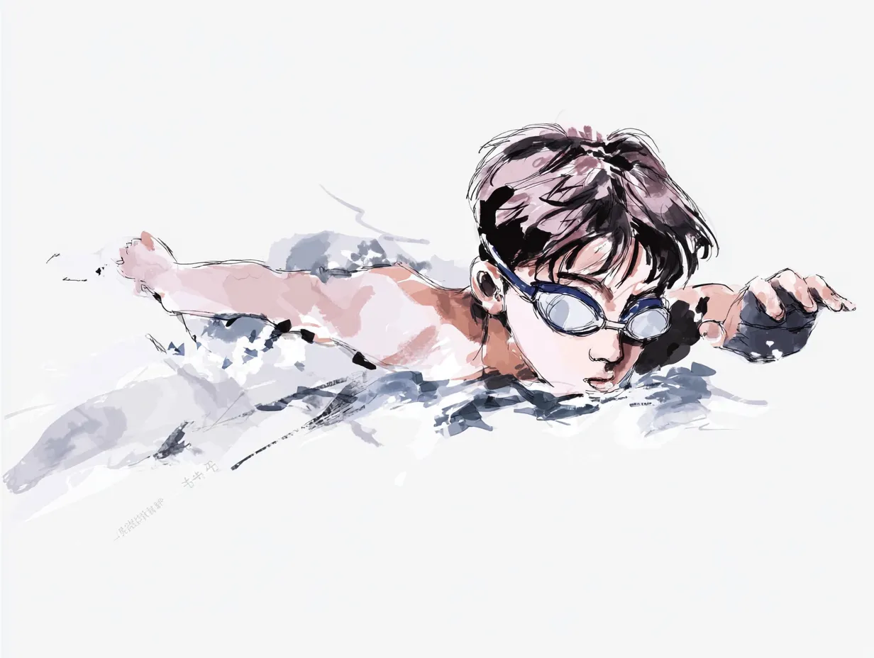 ラフな水彩インクのクロール選手｜淡い筆致で描かれた水中の息継ぎシーンが印象的。ラフな水彩インクの表現が水面と肌の反射を自然に描き、穏やかさと集中が伝わってきます。