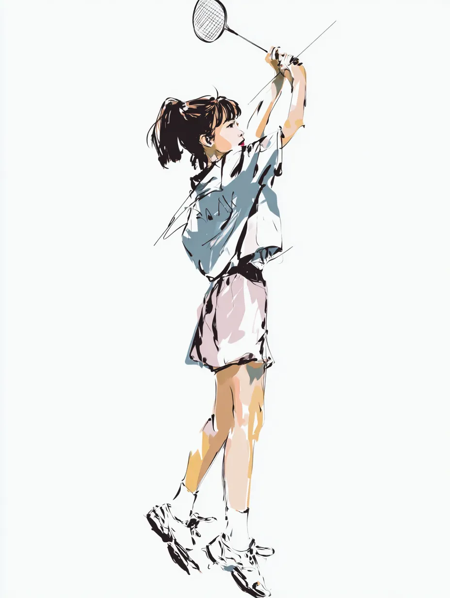 ラフな水彩インクのバドミントン女子｜軽やかなタッチで描かれたバドミントン女子の姿が、静と動を美しく共存させています。ラフな水彩インクの筆致がスポーティな動作を優しく包み込み、爽やかでリズミカルな雰囲気に。