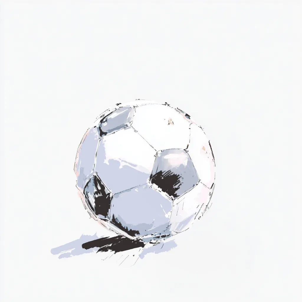ラフな水彩インクのサッカーボール｜ラフな水彩インクの技法で描かれたサッカーボール。白と黒の塗り分けに微細なかすれが加わり、静止したボールにも手描きの揺らぎが感じられる仕上がりです。