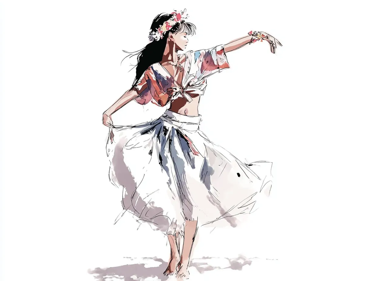 ラフな水彩インクのフラダンス女子（横向き）｜片足を引きながらのステップが優雅なリズムを表現。ラフな水彩インクの軽やかな色合いが衣装の質感や風の動きを生き生きと描き出し、穏やかな空気を感じさせます。