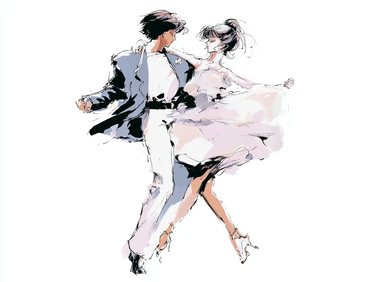 ラフな水彩インクの社交ダンスペア（軽やか）｜軽快なステップを踏むふたりの姿が生き生きと表現されています。ラフな水彩インクのゆるやかな彩色が舞いのリズムを自然に描き出し、明るく軽やかな印象に。