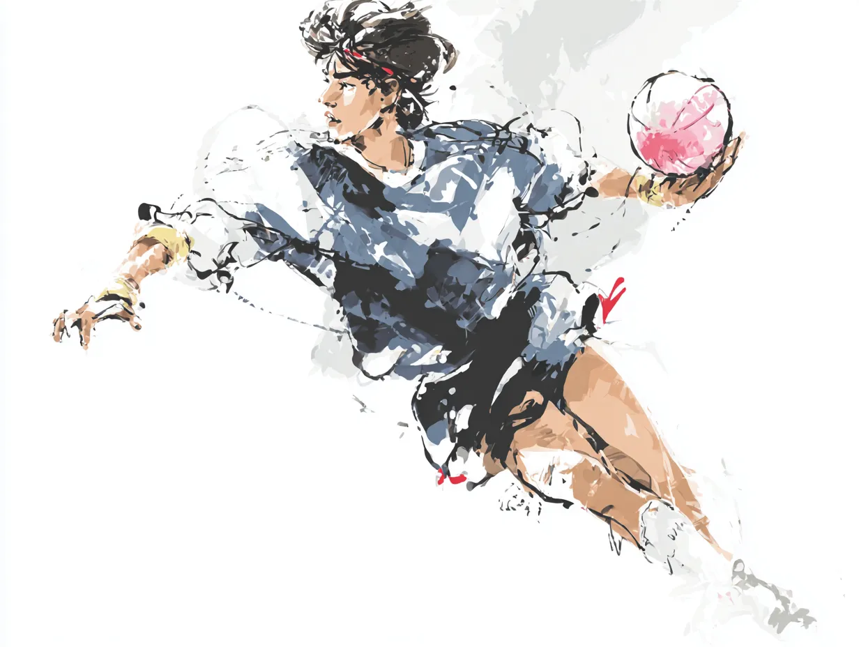ラフな水彩インクのハンドボール選手（飛）｜ボールを構えたまま空中で躍動する姿が迫力満点。ラフな水彩インクのタッチが筋肉の動きやスピード感を臨場感たっぷりに描き出しています。