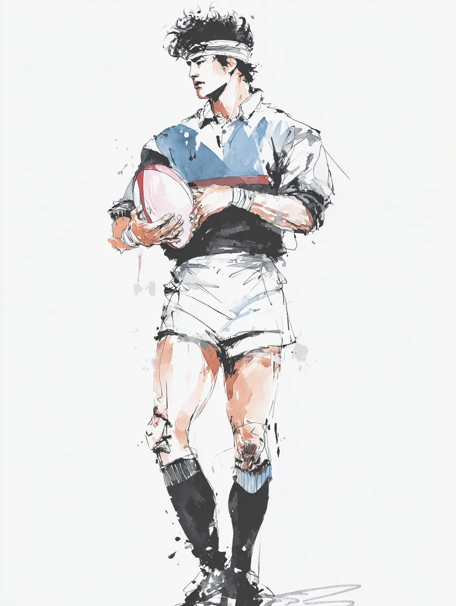 ラフな水彩インクのラグビー選手立ち姿｜柔らかなにじみと墨線で描かれた佇まいが、試合前の集中した空気を感じさせます。ラフな水彩インクの独特の線と色が印象的です。
