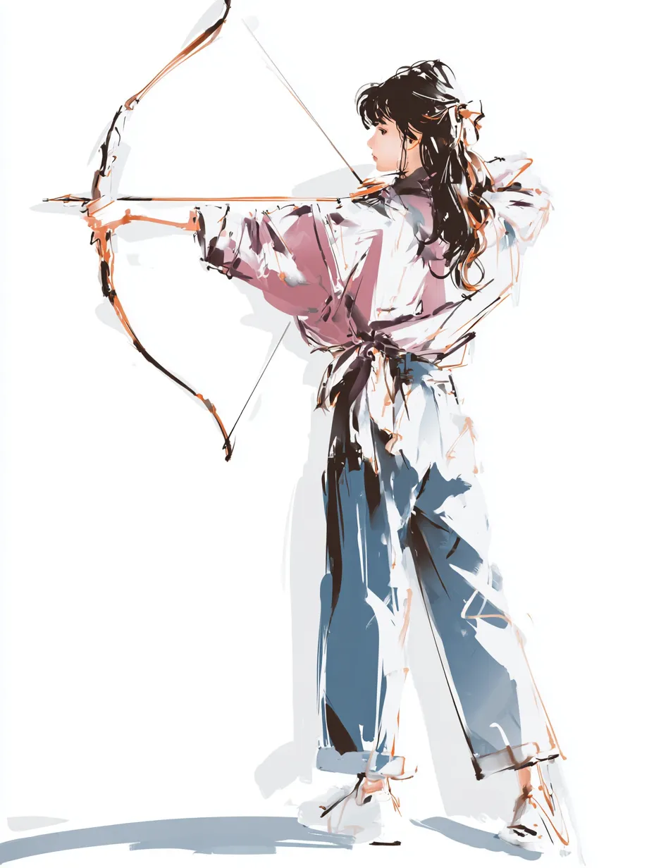 ラフな水彩インクの弓道女子射姿｜やわらかな色彩としなやかな線で描かれた姿が美しく、ラフな水彩インクの描写が女性らしい優雅さを引き立てています。