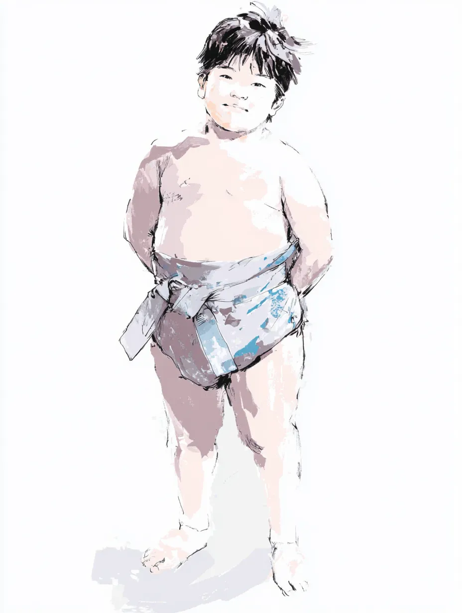 ラフな水彩インクの子供相撲士｜ラフな水彩インクの風合いで、あどけない表情の子ども力士をやさしく表現。にじみと線の緩やかさが、微笑ましく温かな空気をまとわせています。