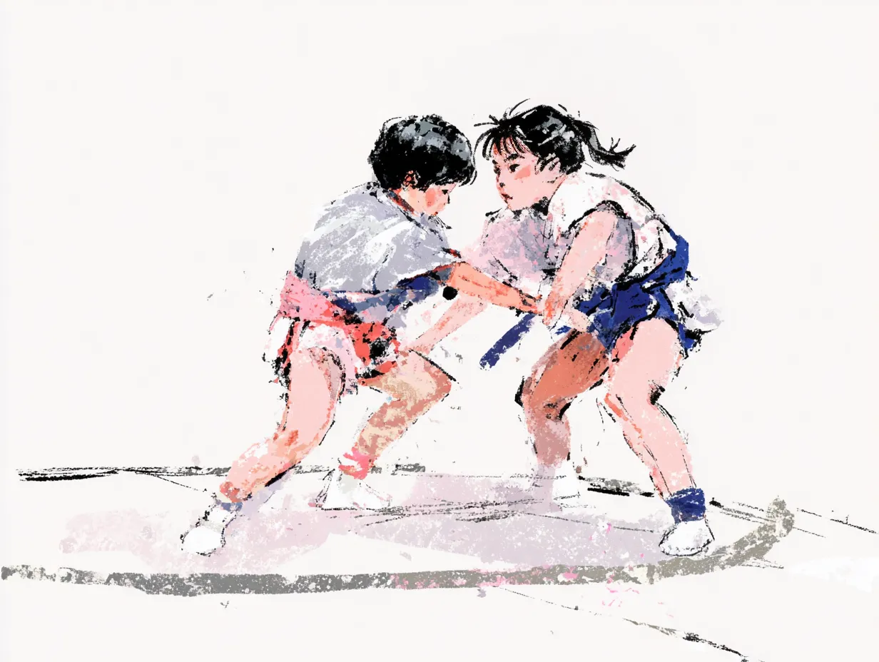 ラフな水彩インクの少女相撲対決｜ラフな水彩インクの風合いが、少女たちの真剣な取り組みに軽快さとやさしさを添えています。淡い色合いとリズミカルな筆跡が印象的です。
