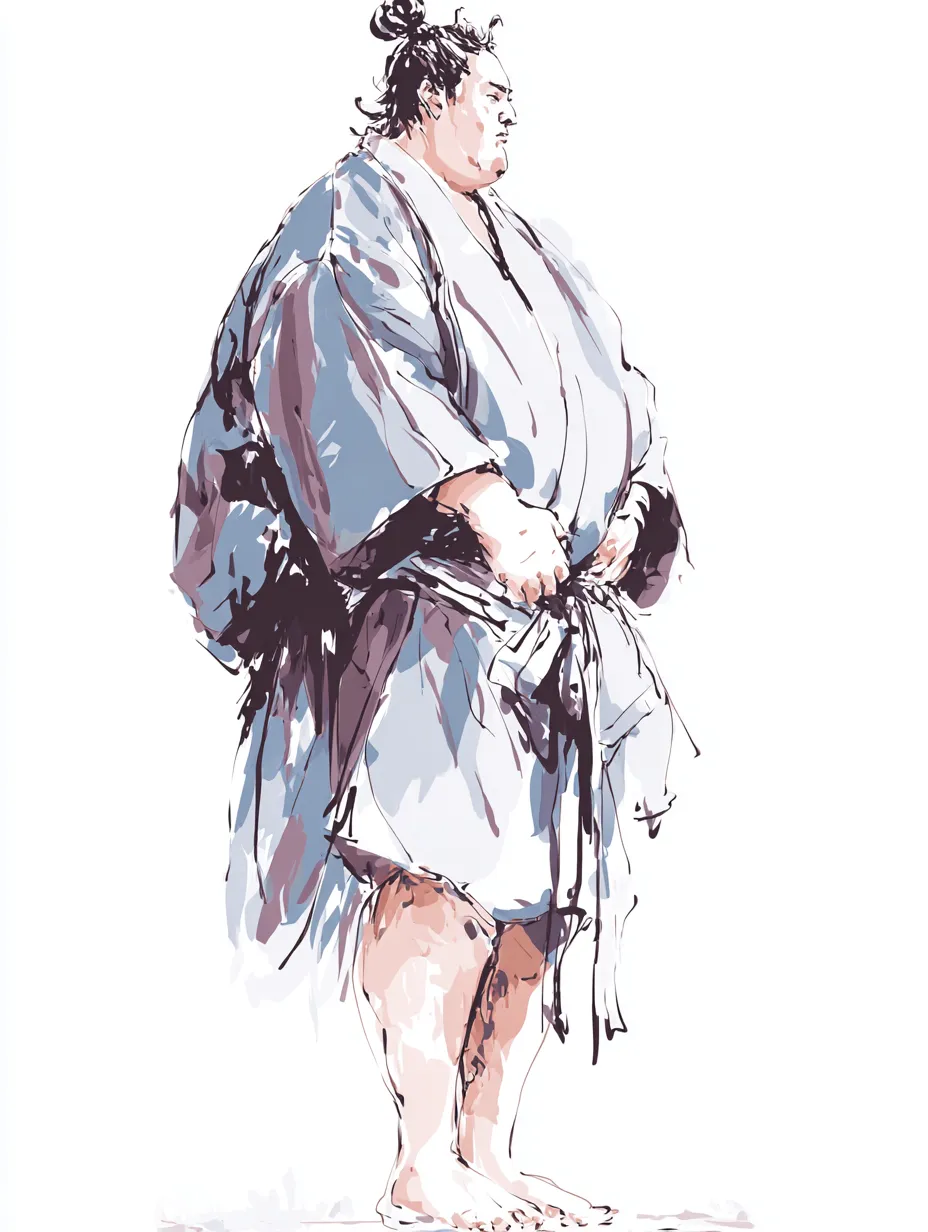ラフな水彩インクの力士の立ち姿｜ラフな水彩インクの描写による堂々とした力士の立ち姿。力強いシルエットを保ちつつ、柔らかな塗りが静けさと品格を感じさせます。