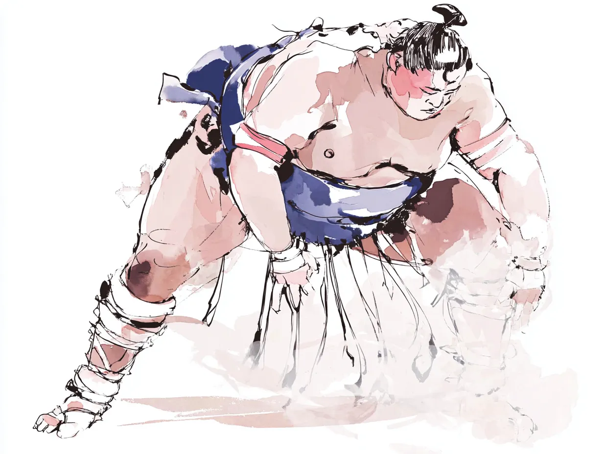 ラフな水彩インクのお相撲さん｜ラフな水彩インクのタッチで描かれた力士の気迫ある立ち合い前の姿勢。繊細な線と水のにじみが、緊張感と静かなエネルギーを表現しています。