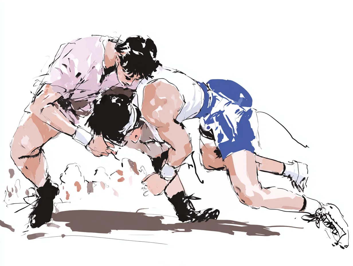 ラフな水彩インクのレスリング対決｜ラフな水彩インクの混じり気ある筆致で描かれたレスリングの一瞬。ダイナミックな構図と熱のこもった身体の動きが力強く映ります。