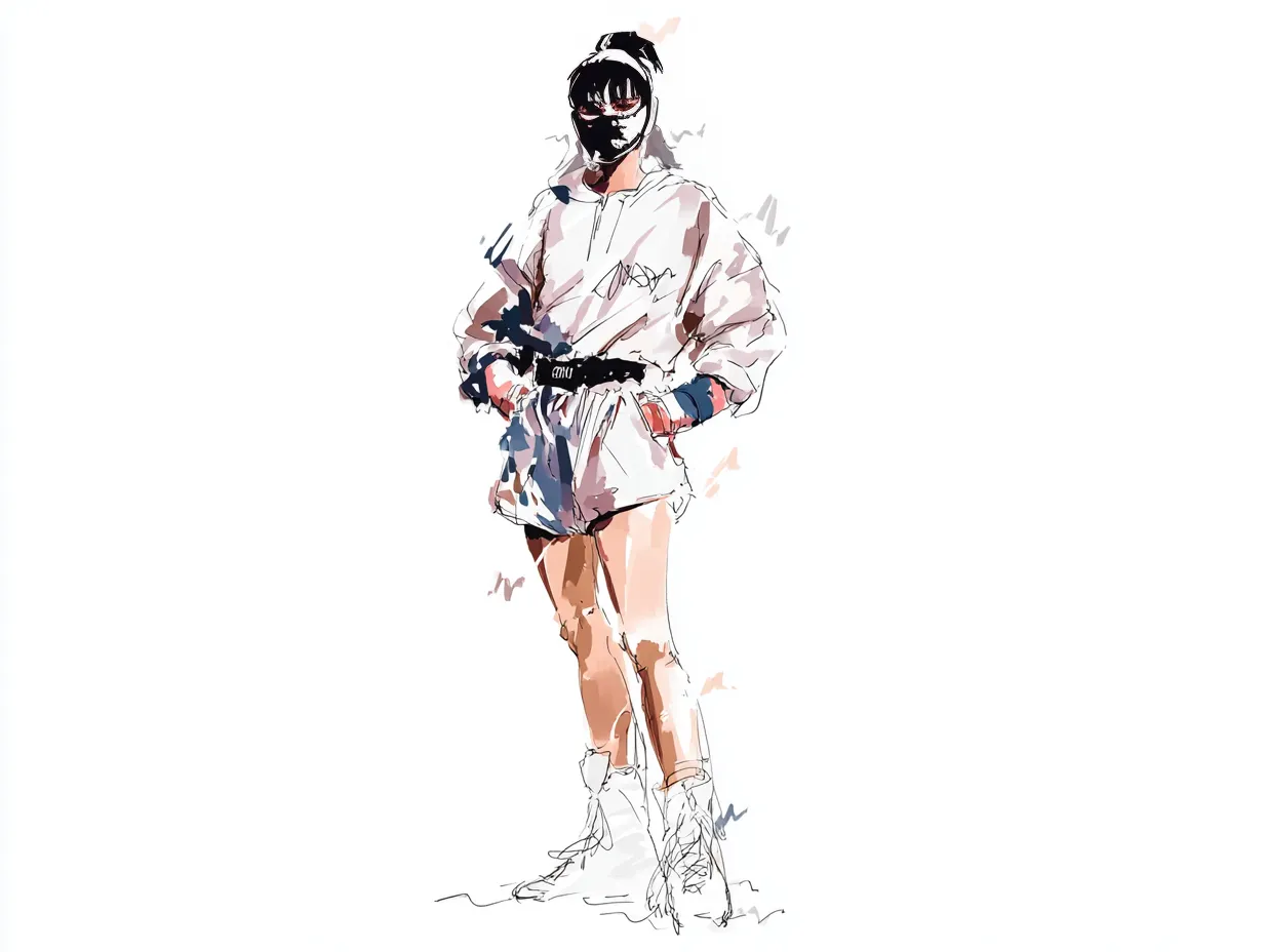 ラフな水彩インクの女子プロレス選手｜フード付きのコスチュームとマスクがクールな女子レスラーを、ラフな水彩インクのタッチでシャープに描写。軽快な色のリズムと余白の美しさが際立っています。