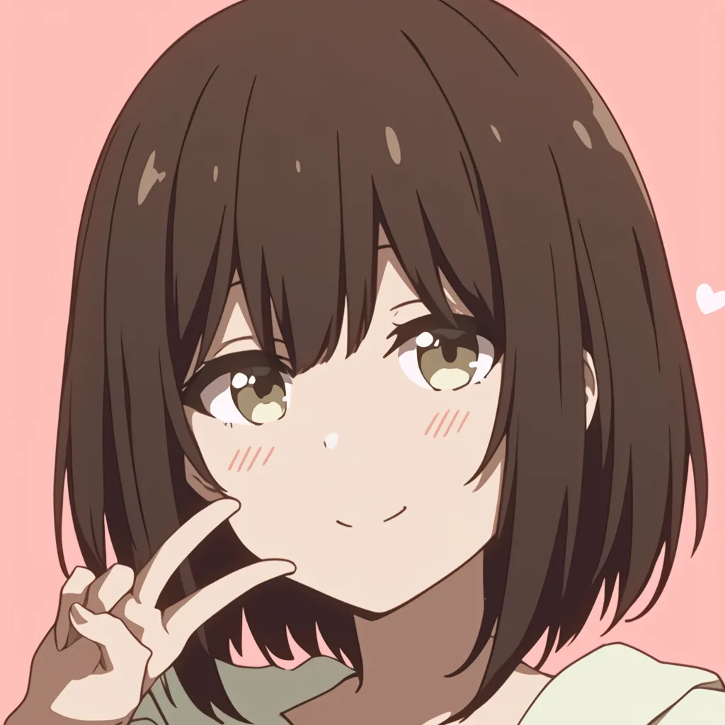 かわいいアニメアイコンピース女子｜ピンク背景にピースサインをする姿が印象的な女の子。親しみのある髪型とやさしい表情が映え、使いやすさ抜群のかわいいアニメアイコンに仕上がっています。