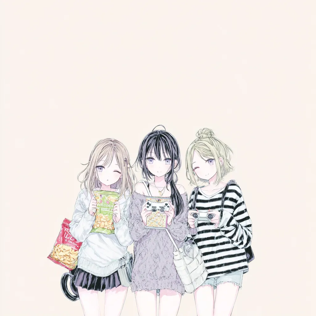 ゆるふわ私服女子のペア画3人アイコン｜ナチュラルなラフスタイルに、お菓子やカメラを持った無造作な仕草が魅力。親しみやすい雰囲気のペア画3人アイコンです。