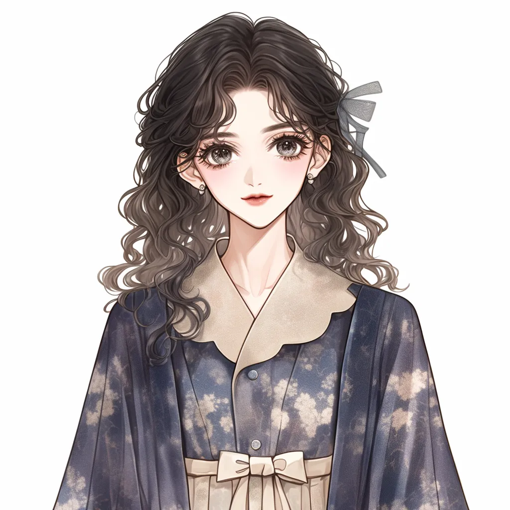 大人かわいいアイコン 和服女子｜落ち着いた色合いの和服を纏い、ゆるやかなカールヘアで描かれた大人かわいいアイコン。細やかな柄やリボンのアクセントが気品を添え、柔らかい視線が静かな存在感を放ちます。