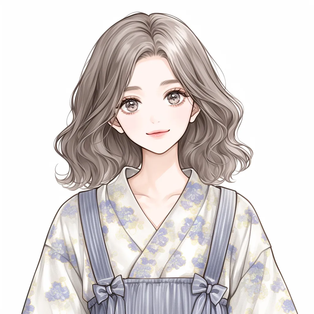 大人かわいいアイコン 和柄女子｜淡い花柄の和装とリボン付きエプロンを合わせた女子が描かれる大人かわいいアイコン。柔らかな髪の揺らぎと透明感のある瞳が調和し、爽やかで上品な印象を演出する仕上がりです。