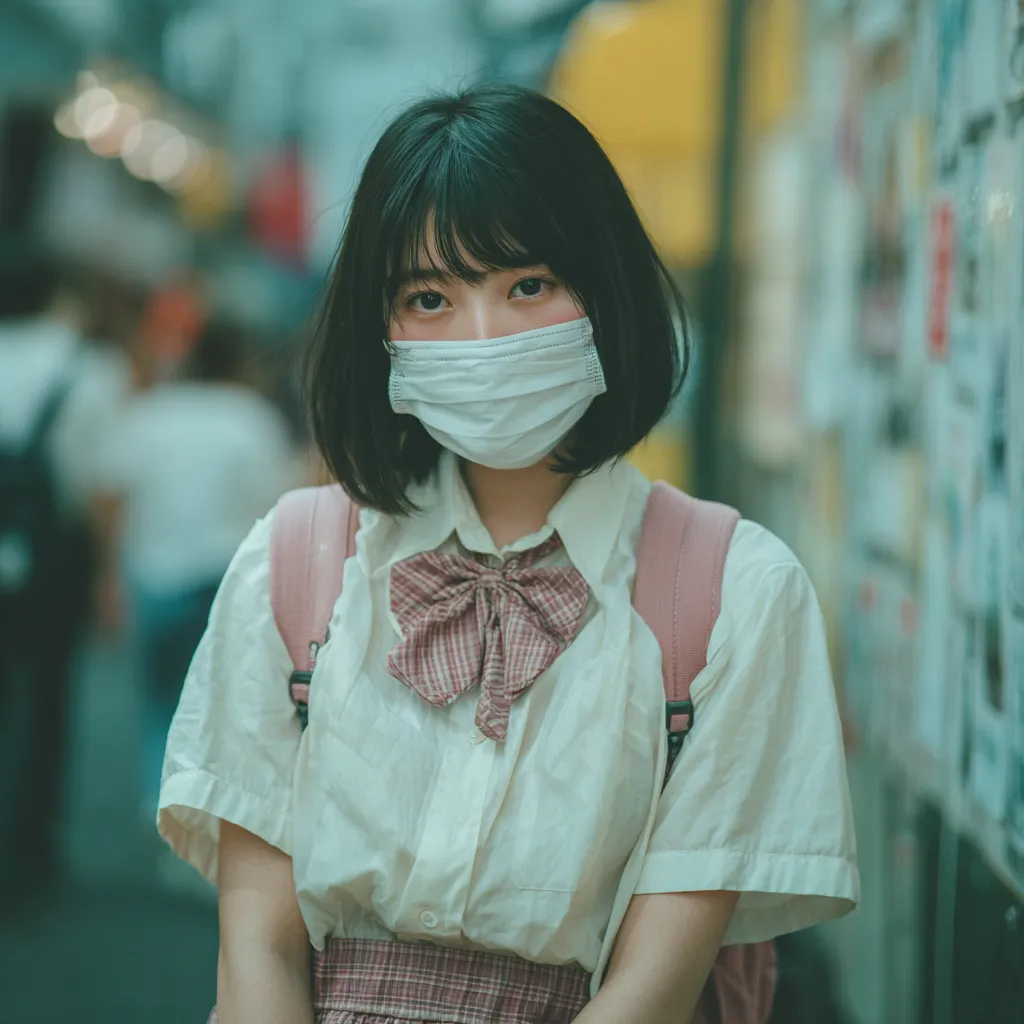 インスタ高校生アイコン10｜街中で佇む姿を捉えたインスタ高校生アイコン。マスク姿と淡い制服の組み合わせがリアルで、都会的な一瞬を切り取ったような表現です。