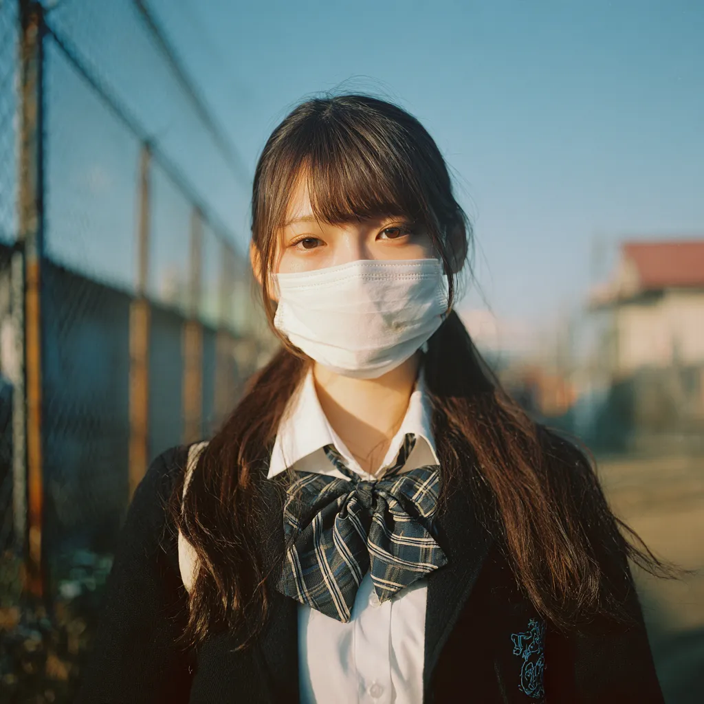 インスタ高校生アイコン11｜夕陽に照らされる横顔が美しいインスタ高校生アイコン。黒い制服と白マスクの対比が映え、切なさと爽やかさを同時に感じさせるデザインになっています。