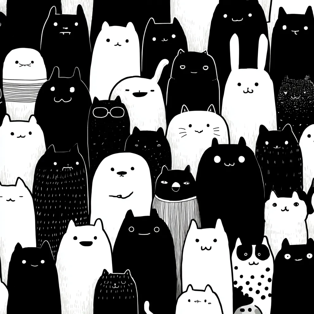 おすすめLINEアイコン07｜モノクロの動物たちが並ぶおすすめLINEアイコン。多様な表情や形が調和し、シンプルでありながらユーモラスな世界観を表現している。