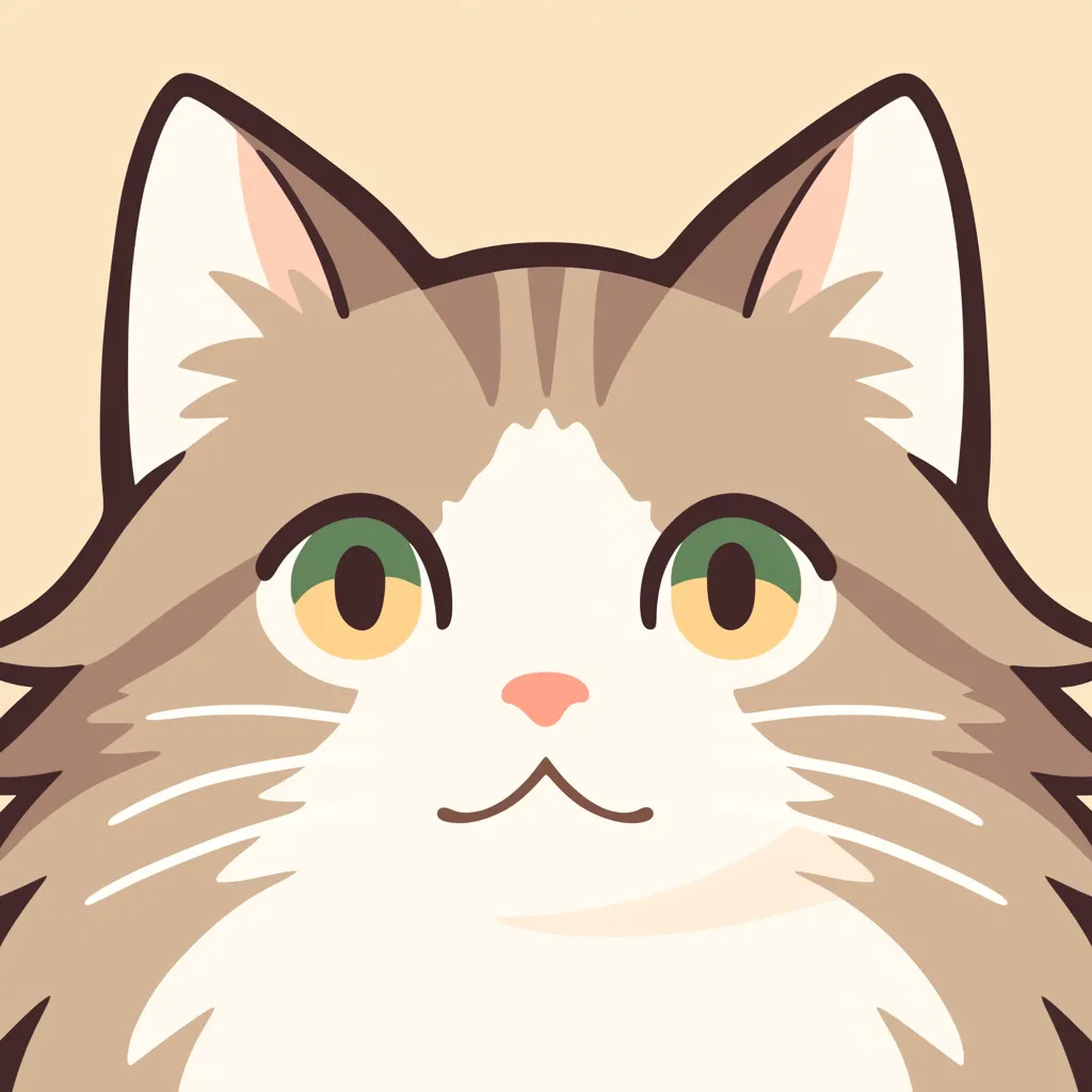 大人おしゃれアイコン 緑目猫｜正面から見つめる長毛猫が描かれた大人おしゃれアイコン。やわらかなブラウンの毛並みに鮮やかな緑の瞳が映え、落ち着いた中にも存在感ある印象を残します。