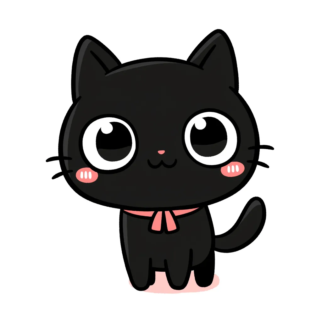 かわいいLINEアイコン猫04｜黒猫をモチーフにしたデザインで、大きな瞳と赤いリボンがアクセント。全体のコントラストがくっきりしており、かわいい印象と少しの小悪魔的な魅力が同居している。