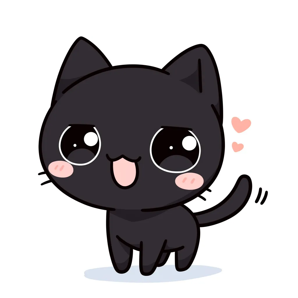 かわいいLINEアイコン猫05｜笑顔でしっぽを振る黒猫のアイコン。頬の赤らみと輝く大きな瞳が楽しげな印象を与え、愛嬌たっぷりのかわいい表情が特徴になっている。