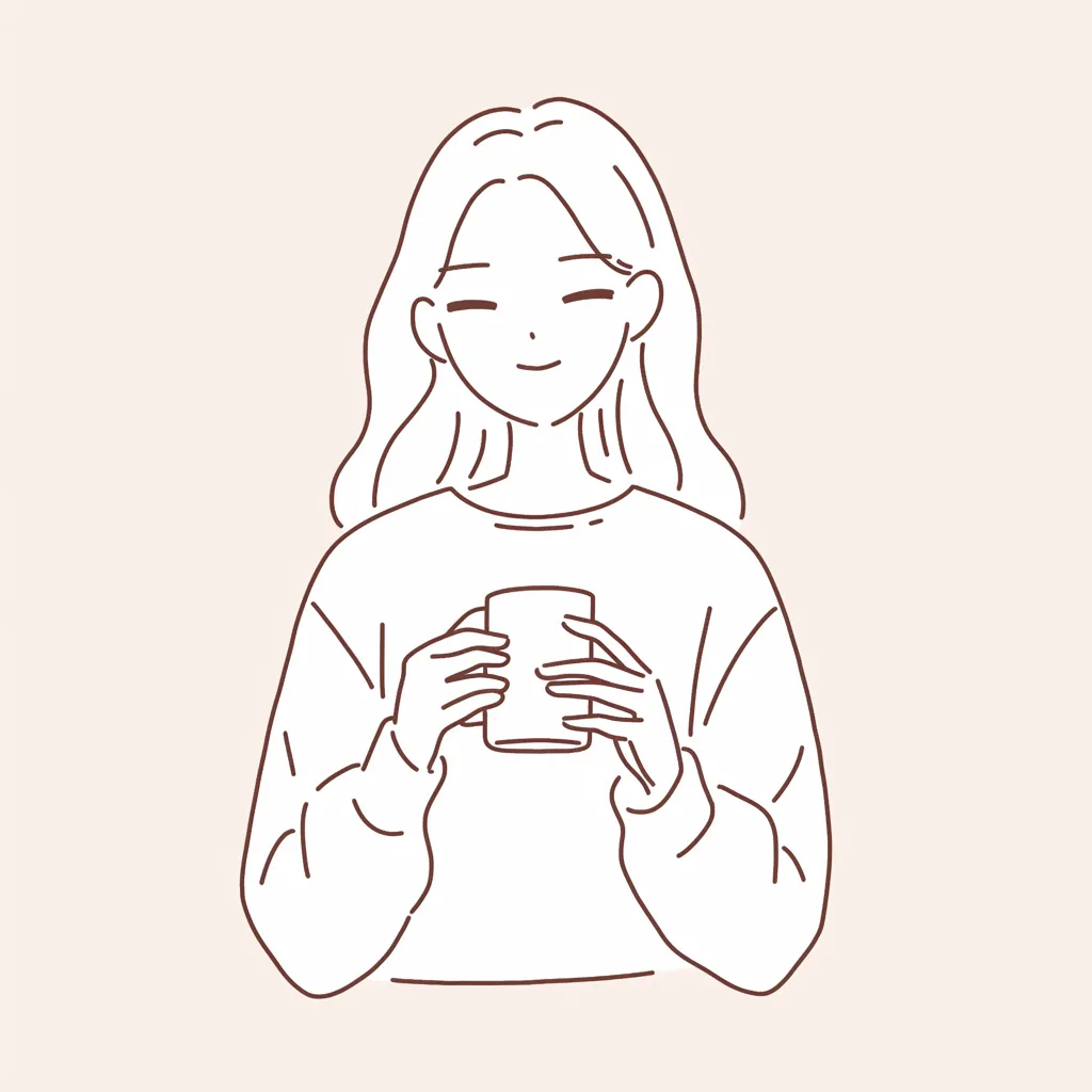 おしゃれ女子LINEアイコン カフェ気分｜マグカップを手にほほえむ姿が描かれたおしゃれ女子LINEアイコン。シンプルな線画の柔らかさが日常のリラックス感を映し出し、落ち着いた雰囲気を感じさせる。