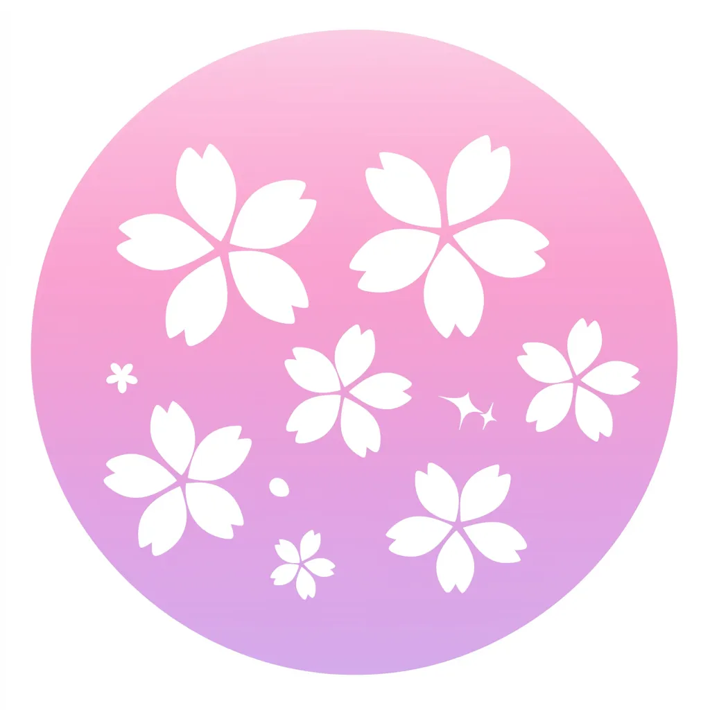 おしゃれ女子LINEアイコン 桜グラデーション｜淡いピンクとパープルのグラデーションに桜の花びらが舞うおしゃれ女子LINEアイコン。華やかさと透明感が調和し、季節感のある華麗な印象を与える。