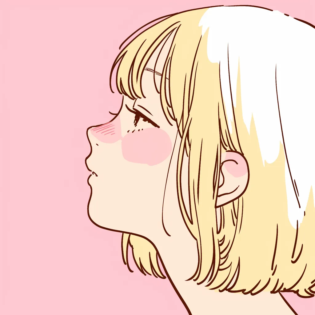 おしゃれ女子LINEアイコン 横顔ピンク｜頬を赤らめた横顔が印象的なおしゃれ女子LINEアイコン。柔らかなタッチと淡いピンクの背景が相まって、可憐さと繊細な雰囲気を引き立てる。