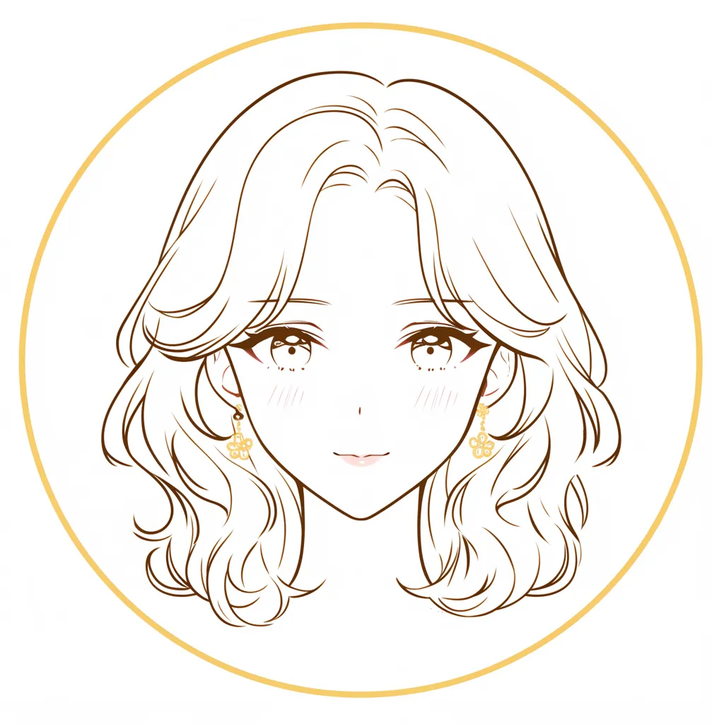 おしゃれ女子LINEアイコン ゴールドフレーム｜金色の円で囲まれた顔のイラストがおしゃれ女子LINEアイコン。華やかなイヤリングと整った表情が上品さを強調し、優美な雰囲気を漂わせている。