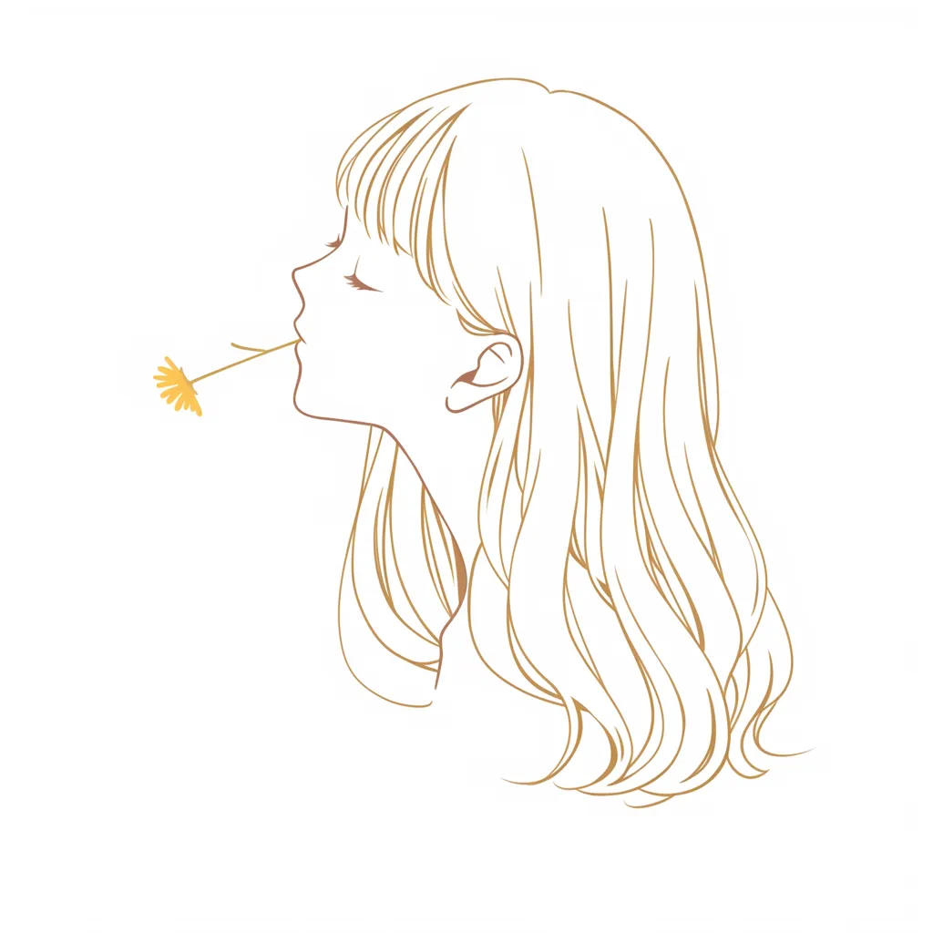 おしゃれ女子LINEアイコン 花と横顔｜花を口に咥えた横顔が描かれたおしゃれ女子LINEアイコン。繊細な線とゴールドの色調が調和し、シンプルでありながらロマンティックな印象を与える。