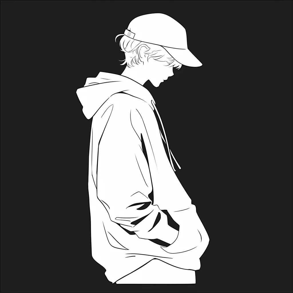 おしゃれ男子LINEアイコン モノクロ横顔｜キャップとパーカー姿の横顔をモノクロで描いたおしゃれ男子LINEアイコン。黒背景とのコントラストが強調され、落ち着いた都会的な雰囲気を漂わせている。