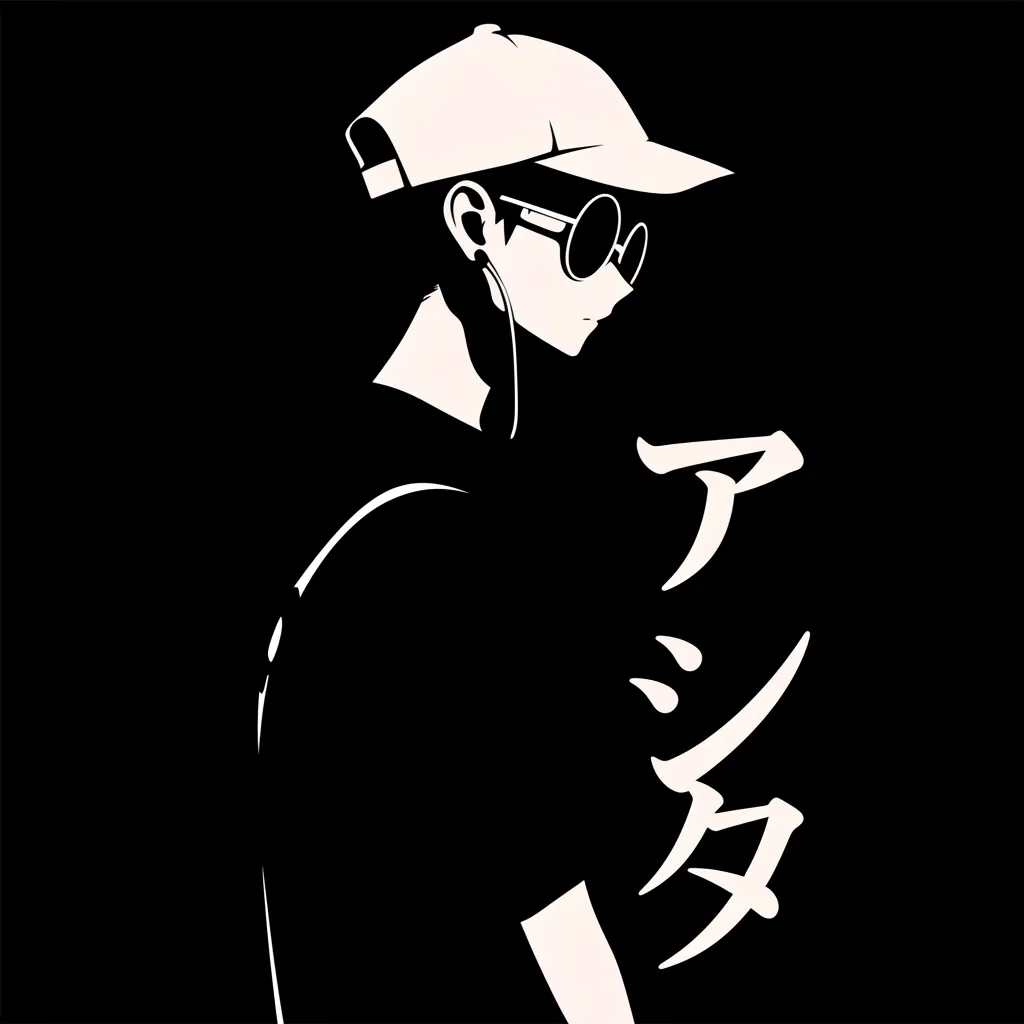 おしゃれ男子LINEアイコン クールシルエット｜キャップとサングラスで横を向く姿が描かれたおしゃれ男子LINEアイコン。黒背景に淡い線が映え、文字の配置とともに都会的なクールさを強調する。