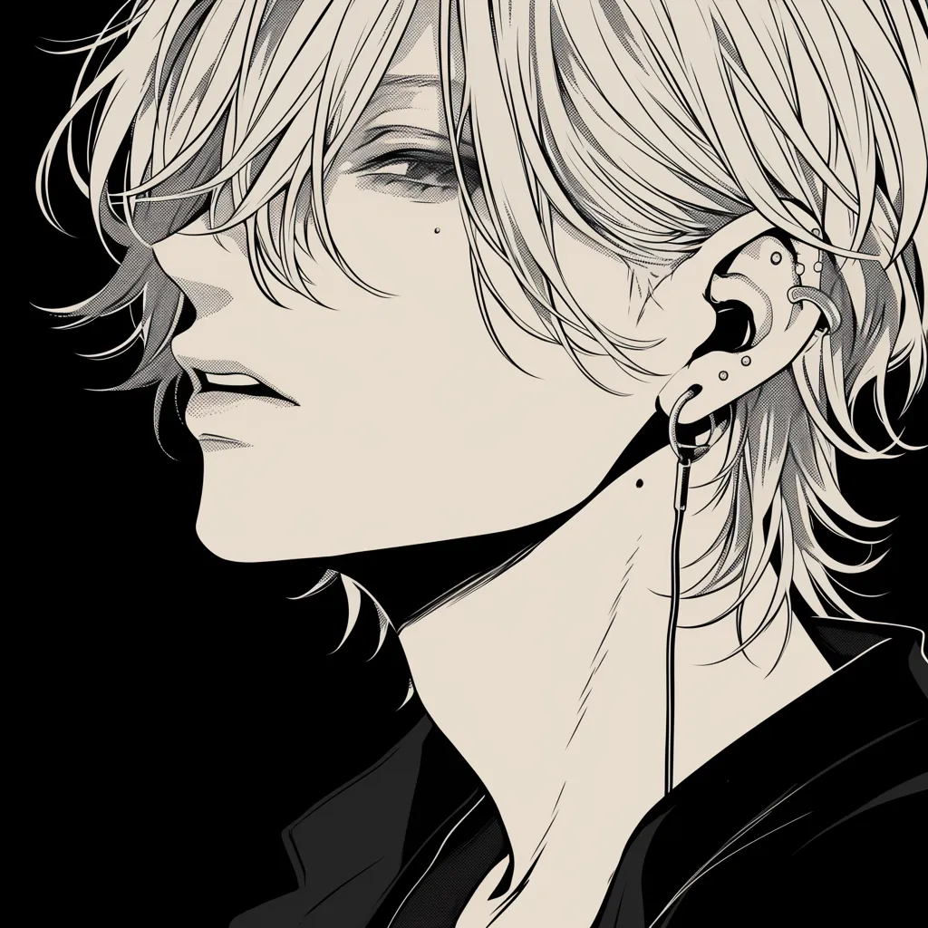 おしゃれ男子LINEアイコン モノクロアップ｜耳飾りとイヤホンが特徴的なおしゃれ男子LINEアイコン。細かな描写がモノクロ調の中で際立ち、繊細さとクールな空気を兼ね備えた表現になっている。