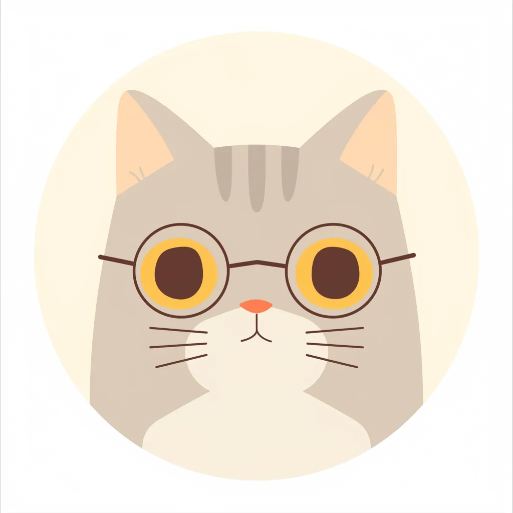 大人おしゃれアイコン メガネ猫｜丸い眼鏡をかけた猫が正面を見つめる大人おしゃれアイコン。シンプルな色彩に大きなレンズがアクセントとなり、愛らしさと知的な雰囲気が調和しています。