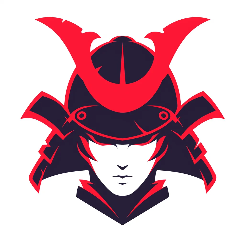 かっこいい武士のLINEアイコン｜正面から描かれた武士の顔が力強く、赤と黒の配色が迫力を強調。兜と二本の刀がシルエットを引き締め、戦士の威厳と存在感を放つかっこいいLINEアイコンに仕上がっている。